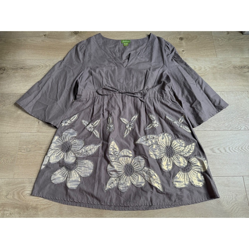 Vintage Femme tunic drawstring waist cotton embroidered flowers brown size L